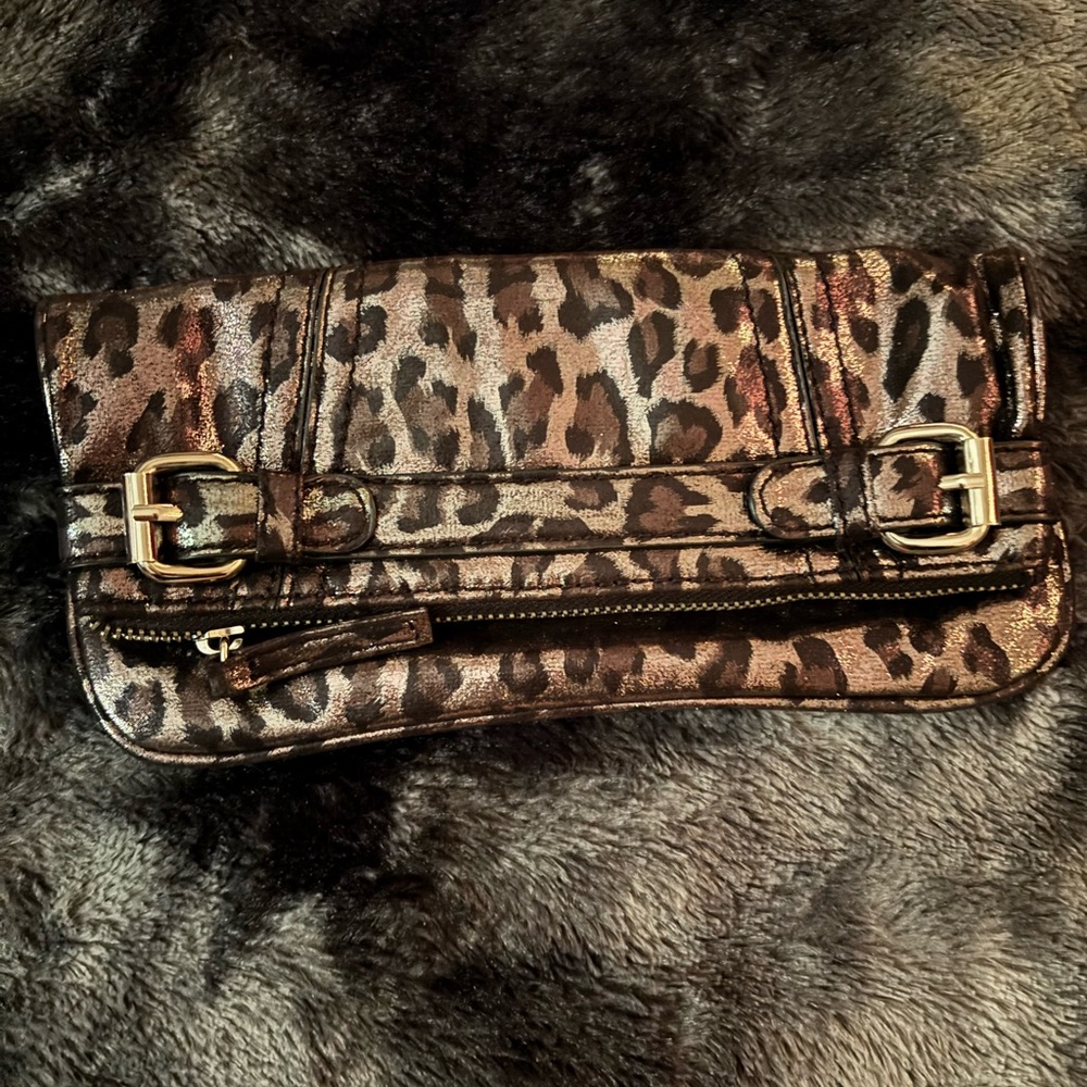 Express Y2K Leopard Print Clutch with Gold Accents